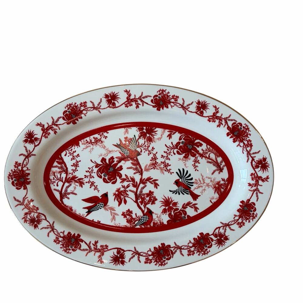 NEW Mackenzie Childs Cardinal Toile Oval Platter 13.5" Porcelain in Original Box